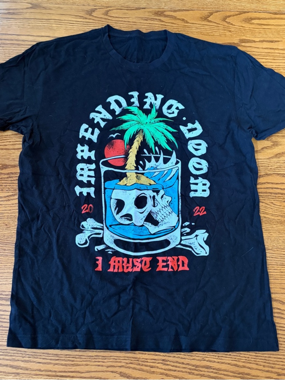 Black 'Impending Doom' Graphic Tee with Tropical Skull 2022 band I must end